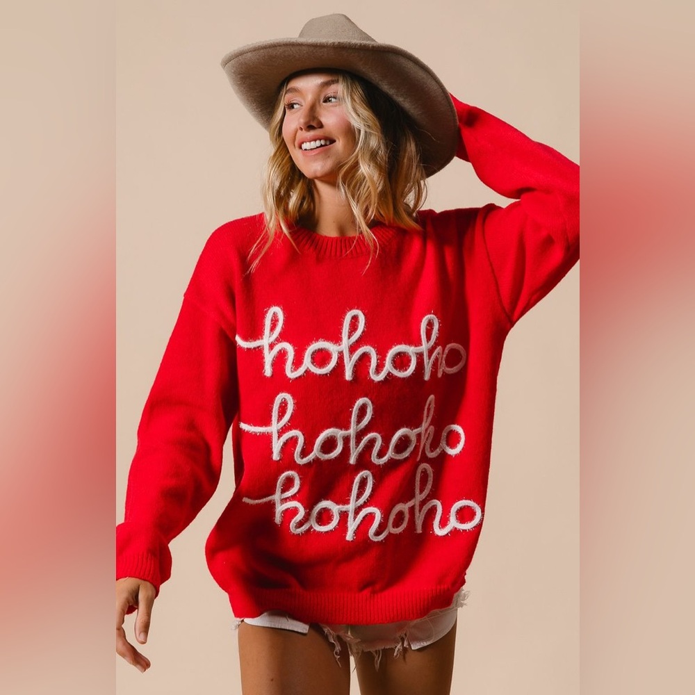 NEW ARRIVAL:  BIBI SLIGHTLY TILTED TINSEL HO HO HO LETTERING CHRISTMAS SWEATER - Picture 3 of 6